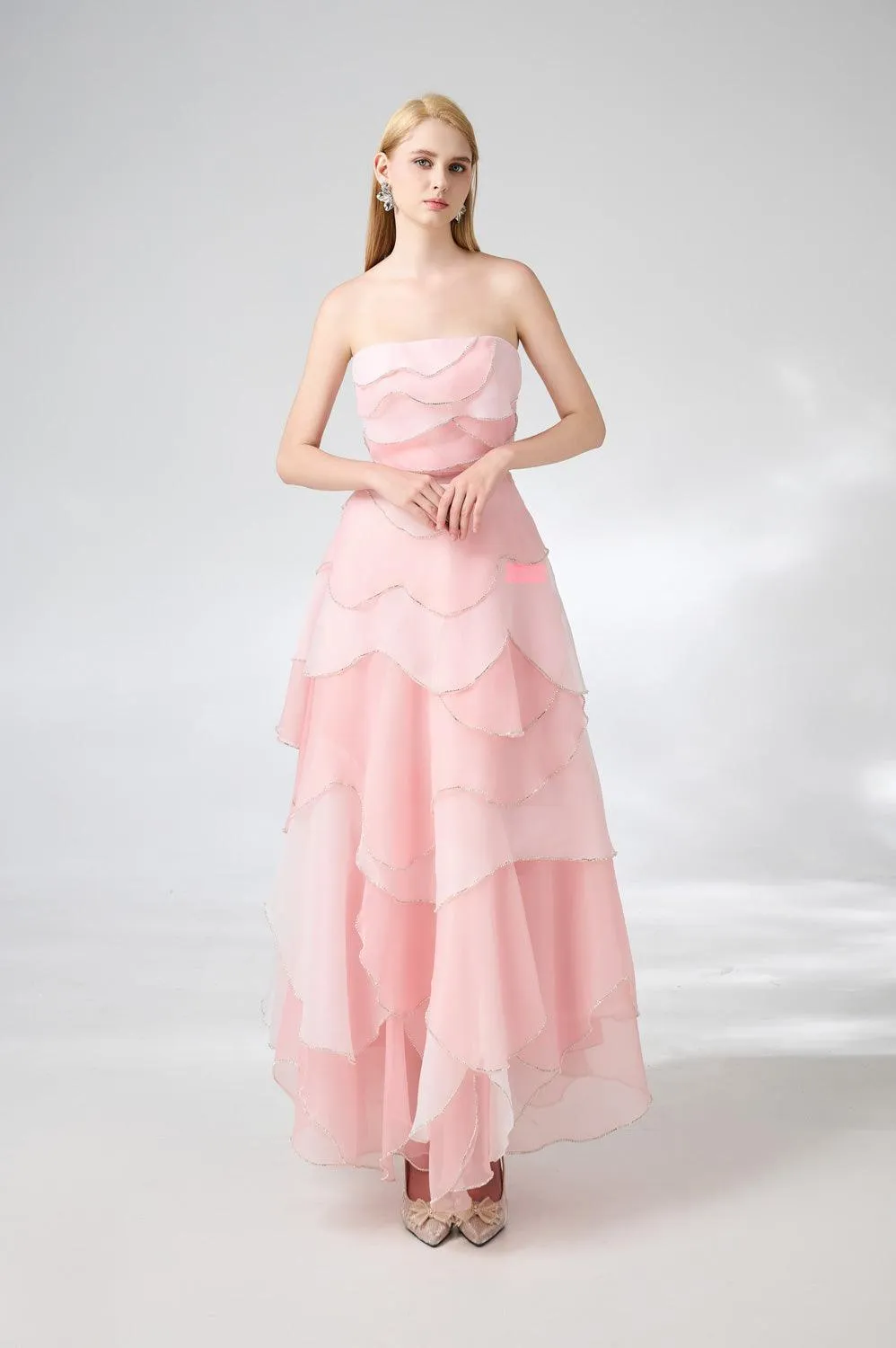 Everlee Strapless Layered Organza Ankle Length Dress