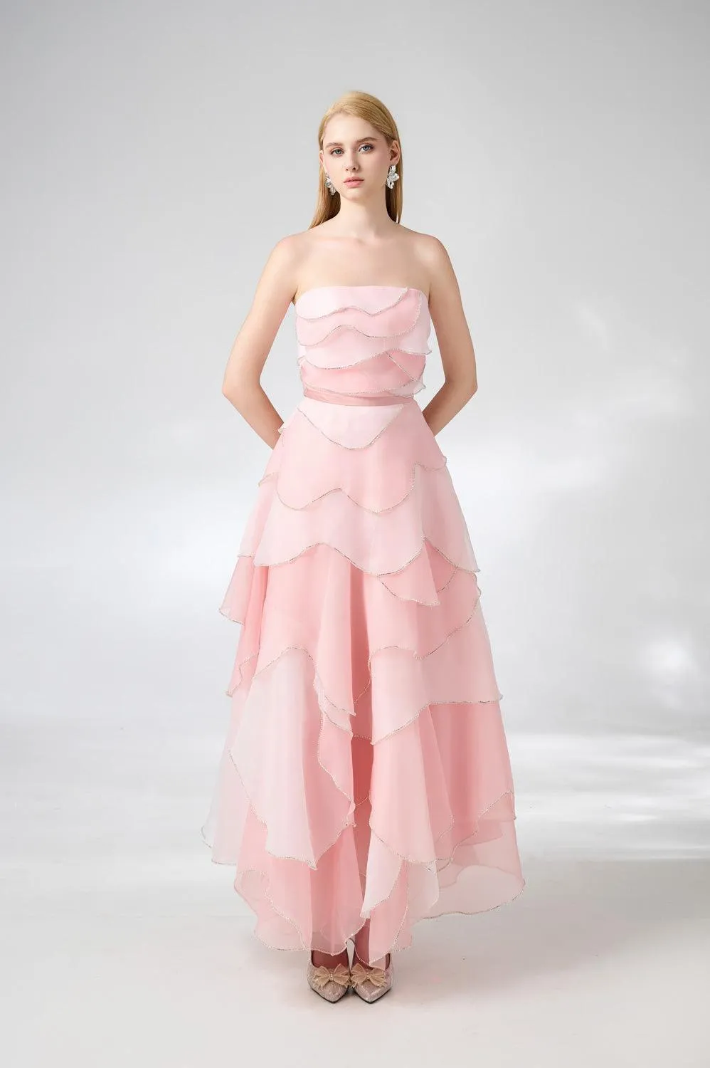 Everlee Strapless Layered Organza Ankle Length Dress