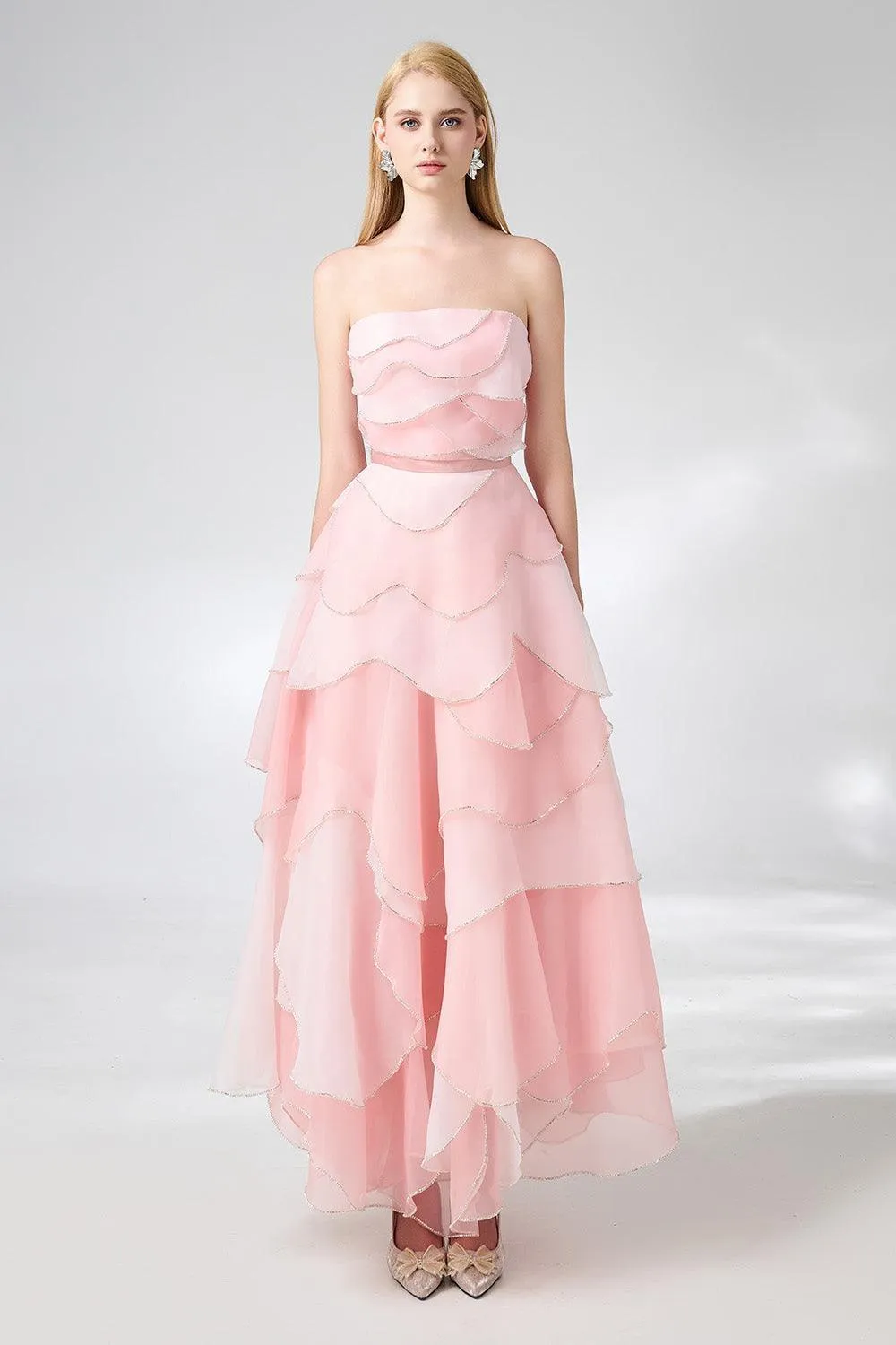 Everlee Strapless Layered Organza Ankle Length Dress