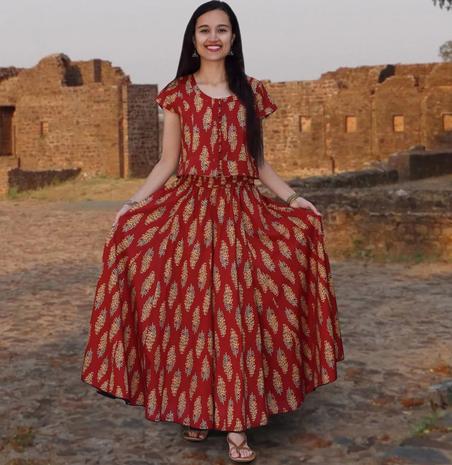 Fab Block Print Style Pure Cotton Multi Panel Flare Skirt