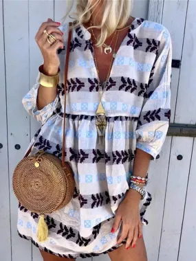 Fashion Print V-neck Cropped Sleeve Dress