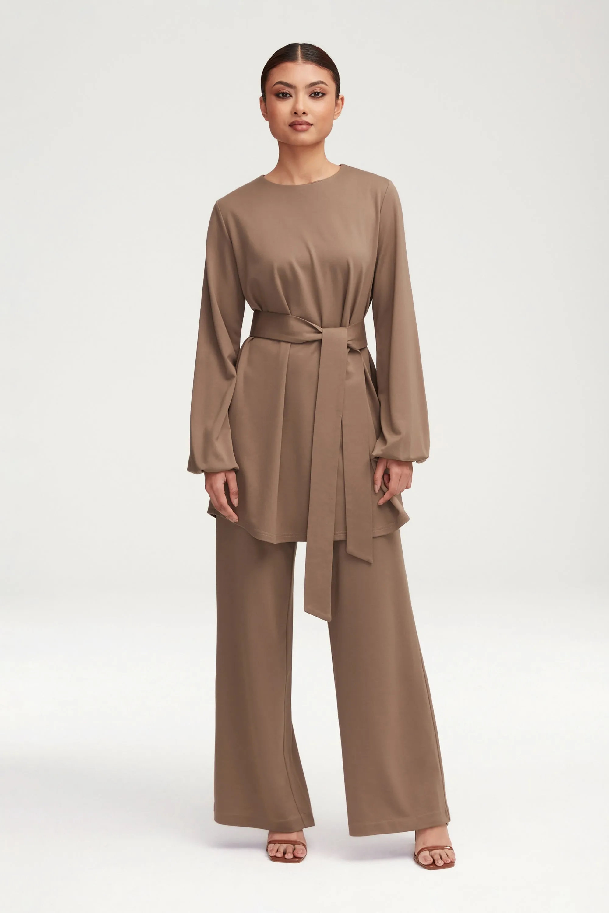 Fatima Everyday Wide Leg Jersey Pants - Dark Taupe