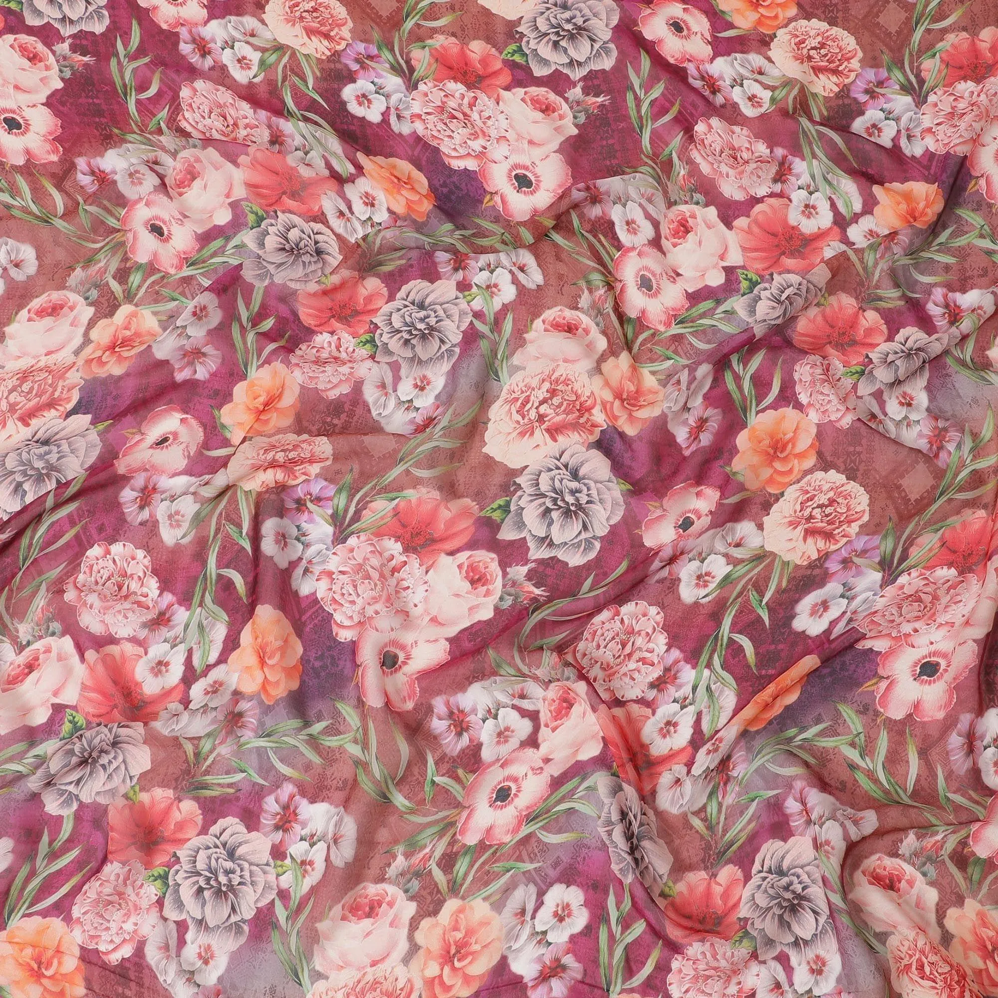 Fire brick red silk chiffon fabric with beige, olive green, royal orange and creamy pink print in floral design-D6271