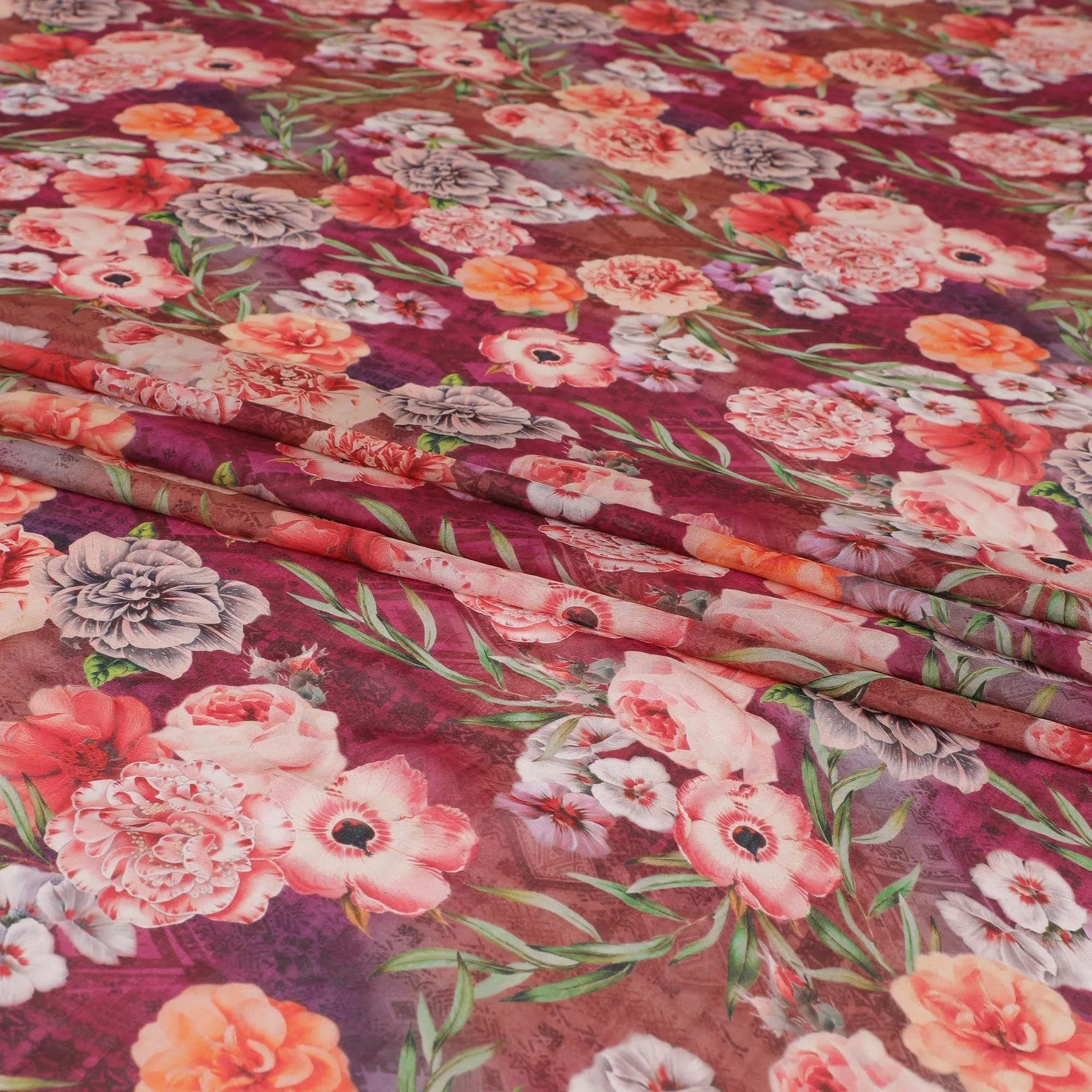 Fire brick red silk chiffon fabric with beige, olive green, royal orange and creamy pink print in floral design-D6271