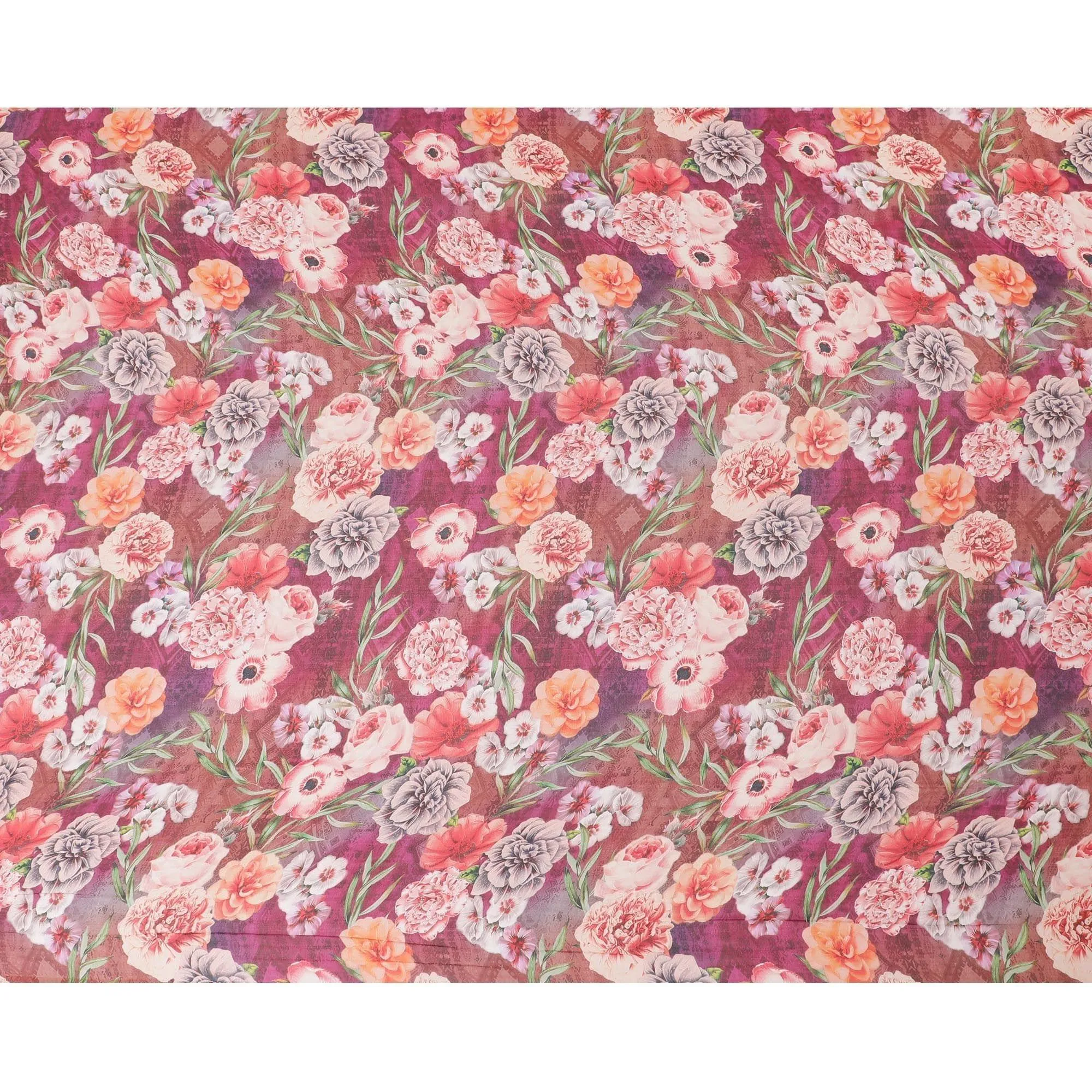 Fire brick red silk chiffon fabric with beige, olive green, royal orange and creamy pink print in floral design-D6271