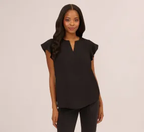 Flutter Sleeve Top With Notched Neck In Black