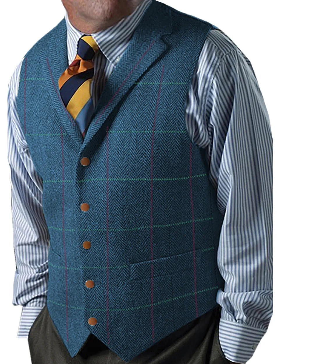 Formal Men's Suit Vest Herringbone Plaid Notch Lapel Waistcoat for Wedding