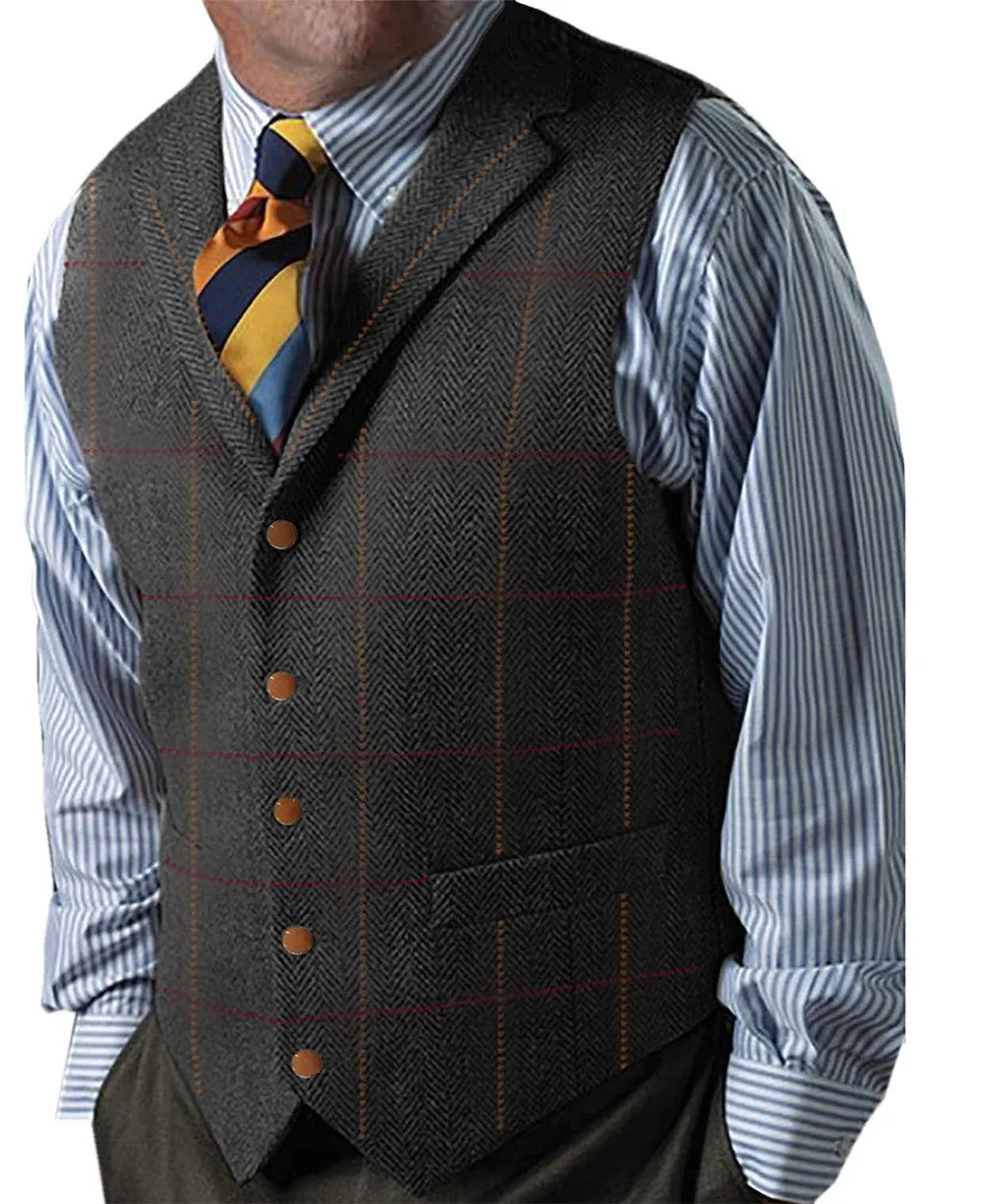 Formal Men's Suit Vest Herringbone Plaid Notch Lapel Waistcoat for Wedding