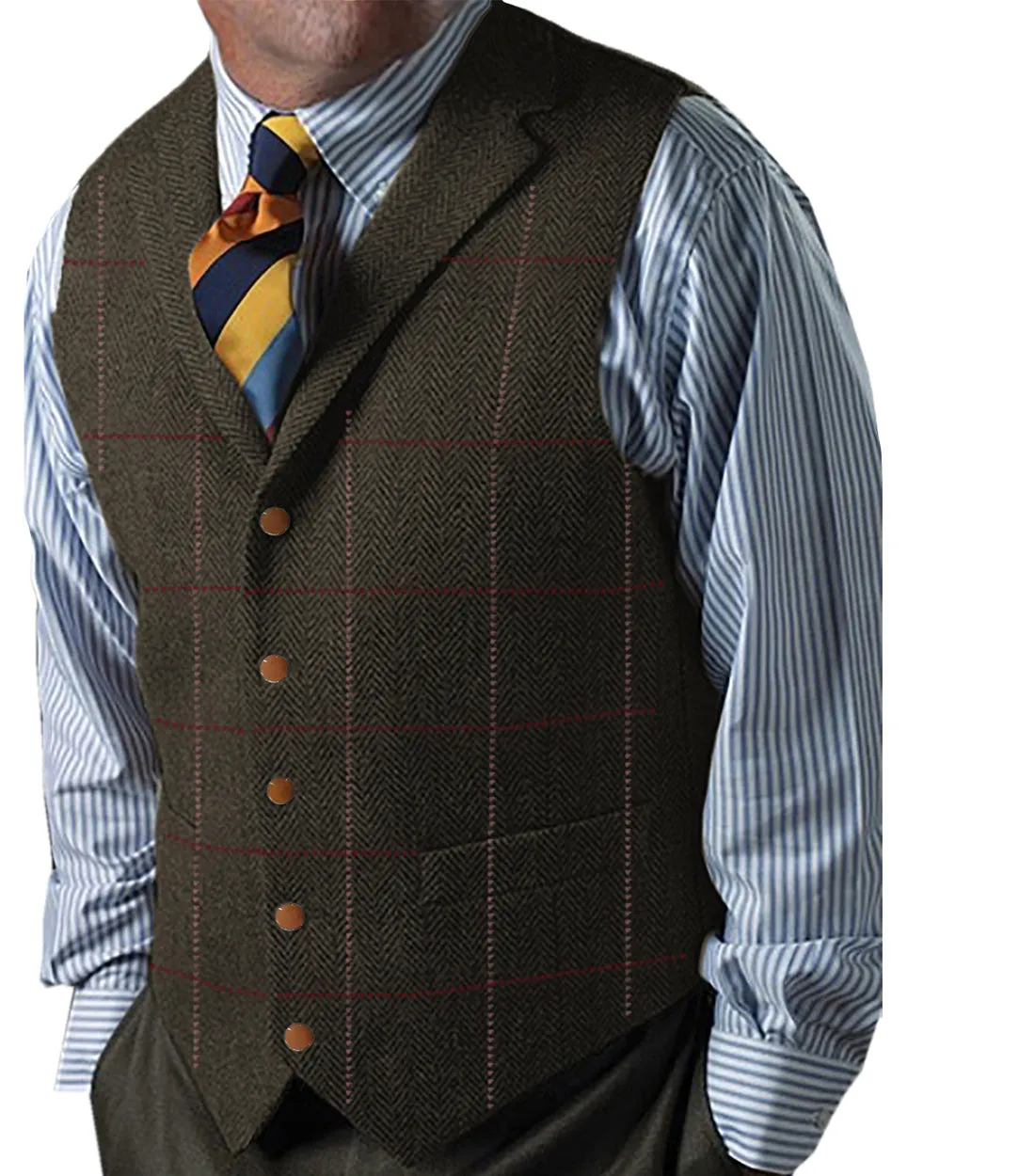 Formal Men's Suit Vest Herringbone Plaid Notch Lapel Waistcoat for Wedding