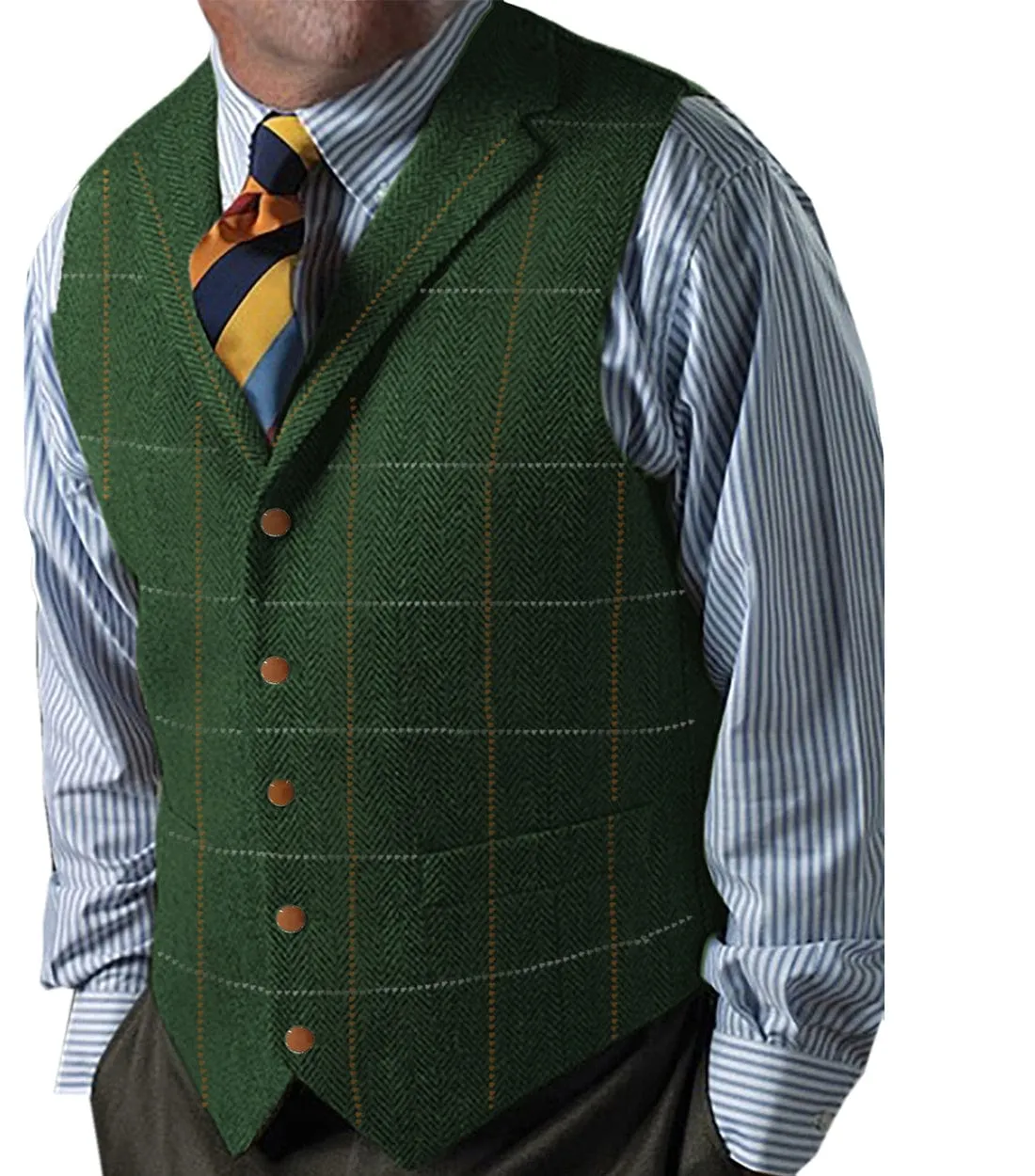 Formal Men's Suit Vest Herringbone Plaid Notch Lapel Waistcoat for Wedding