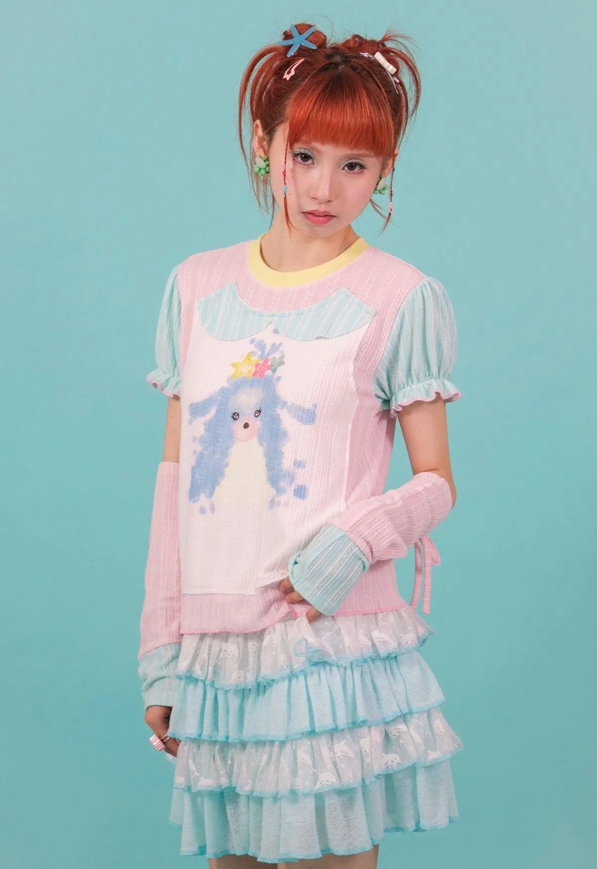 Frufru Pastel Puppy Graphic Tee Set - Girls' Puff Sleeve Top With Detachable Arm Warmers