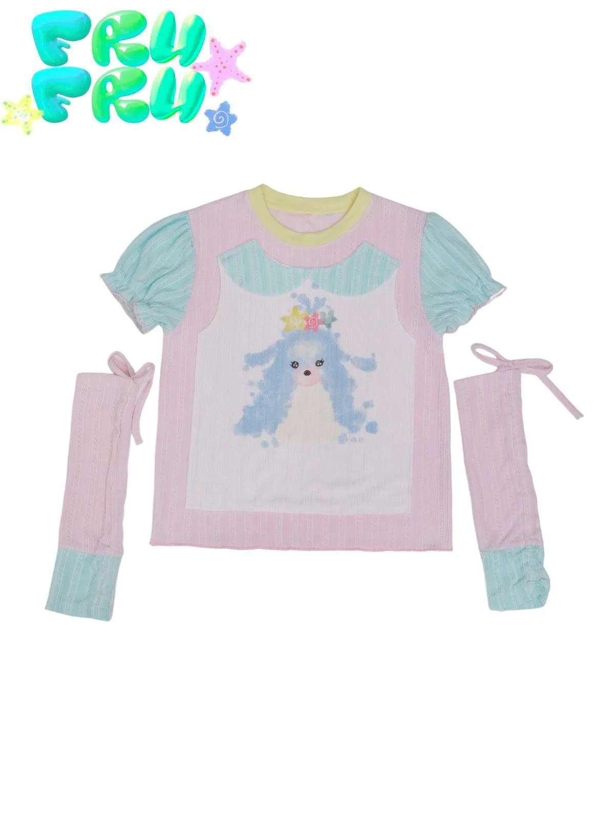 Frufru Pastel Puppy Graphic Tee Set - Girls' Puff Sleeve Top With Detachable Arm Warmers