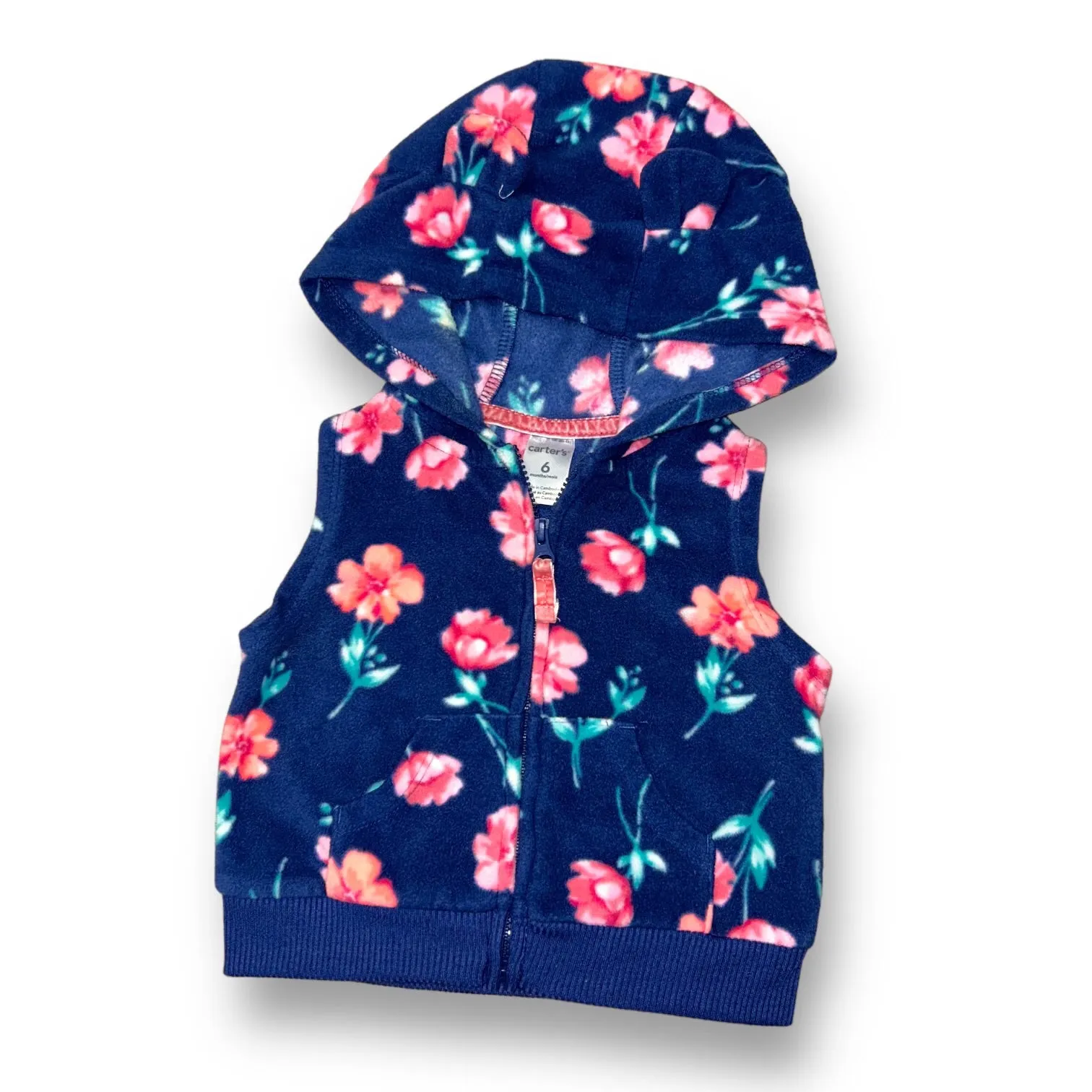 Girls Carter's Size 6 Months Blue Floral Fleece Hooded Vest