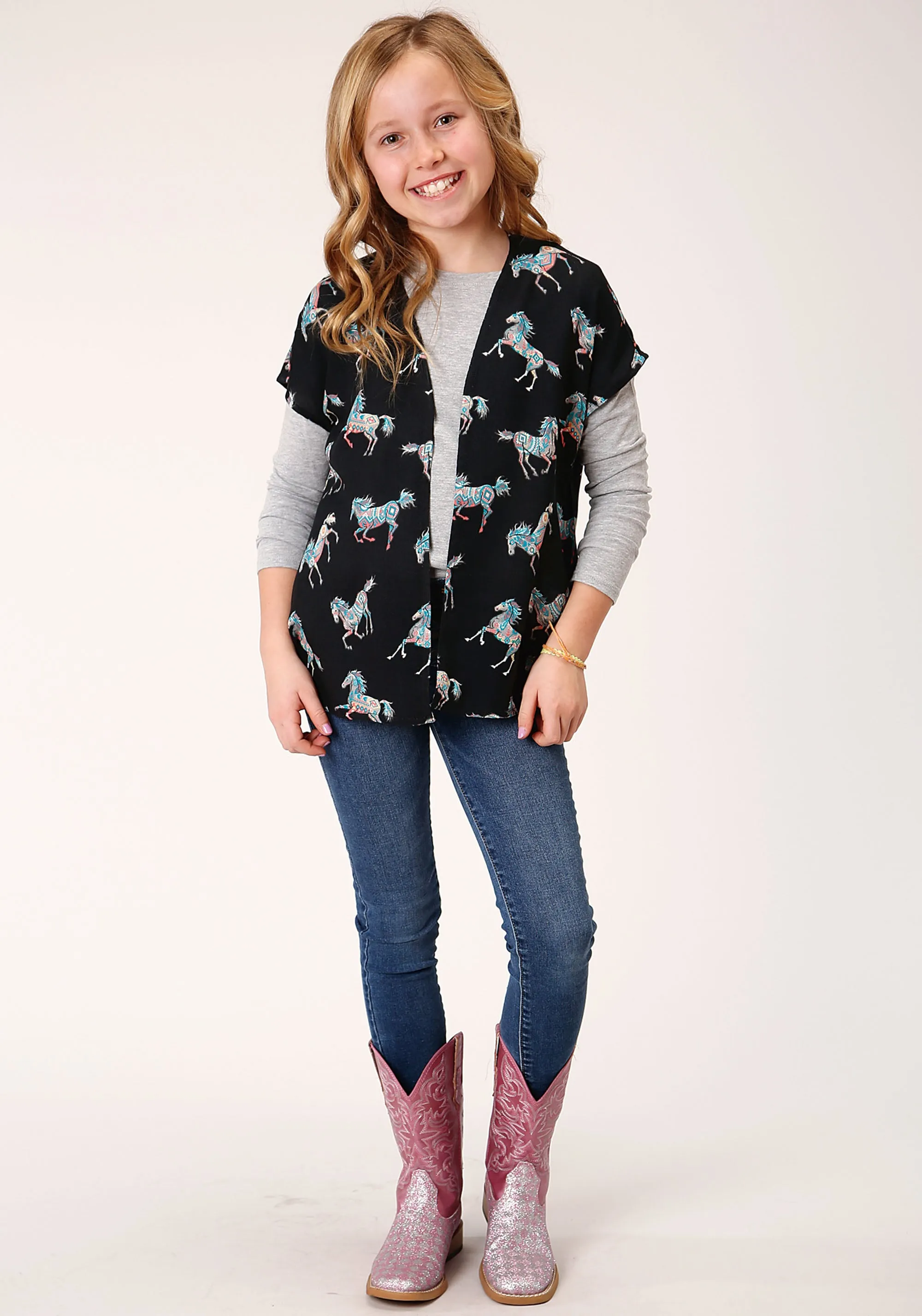 GIRLS  WILD HORSE PRINT RAYON CARDIGAN