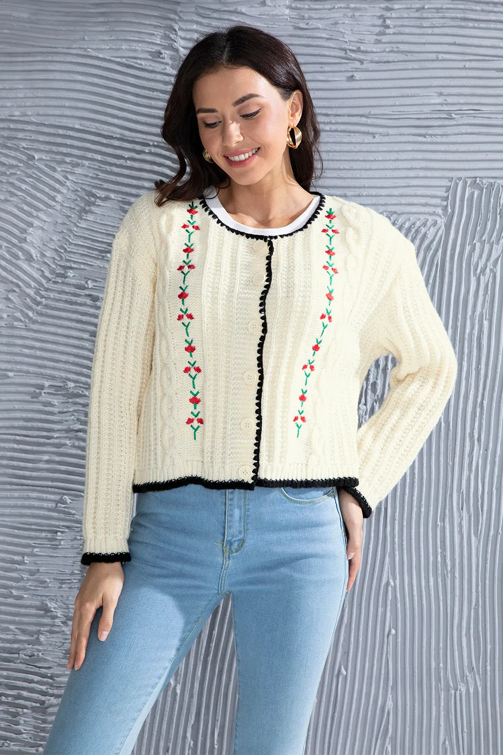 Graphic Cable-Knit Button Up Cardigan