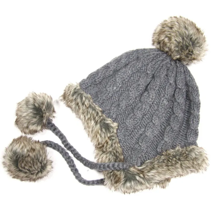 Grey Fur Trimmed Bobble Hat