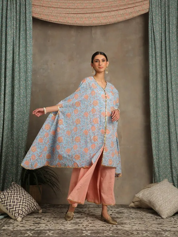 Heer- Firoza Blue Cotton Printed Cape Set