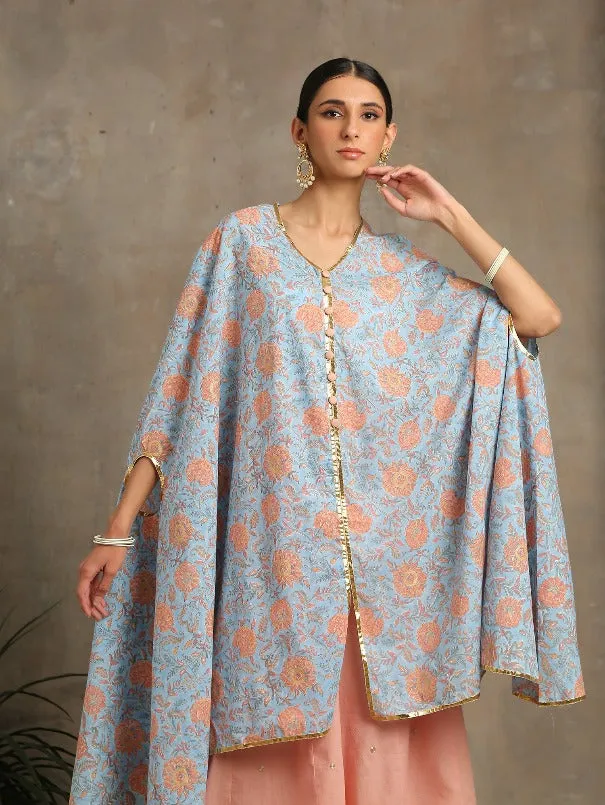 Heer- Firoza Blue Cotton Printed Cape Set