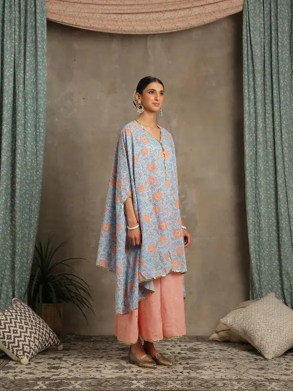 Heer- Firoza Blue Cotton Printed Cape Set