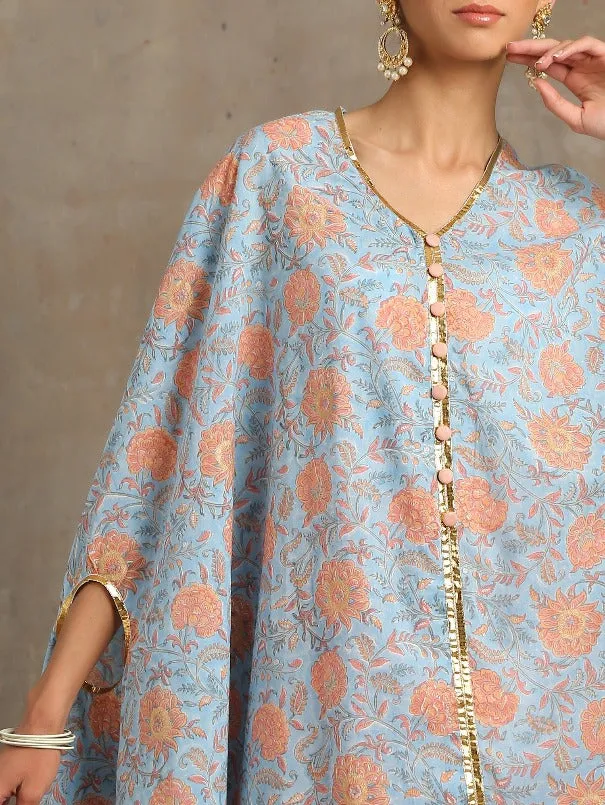 Heer- Firoza Blue Cotton Printed Cape Set