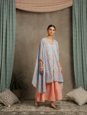 Heer- Firoza Blue Cotton Printed Cape Set