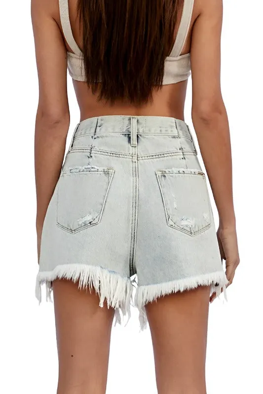 High Rise Frayed Denim Shorts