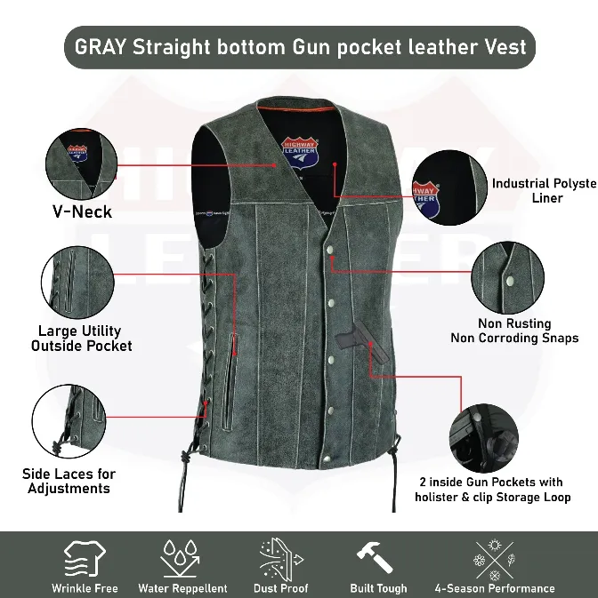 HL2611Grey Straight bottom Gray Gun pocket Leather Vest