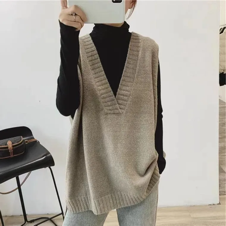 Hnzxzm black skirt outfit fall Korean Style V-neck Vest Vest Women's Autumn and Winter Sleeveless Mid-Length Loose Knitted Sweater Top