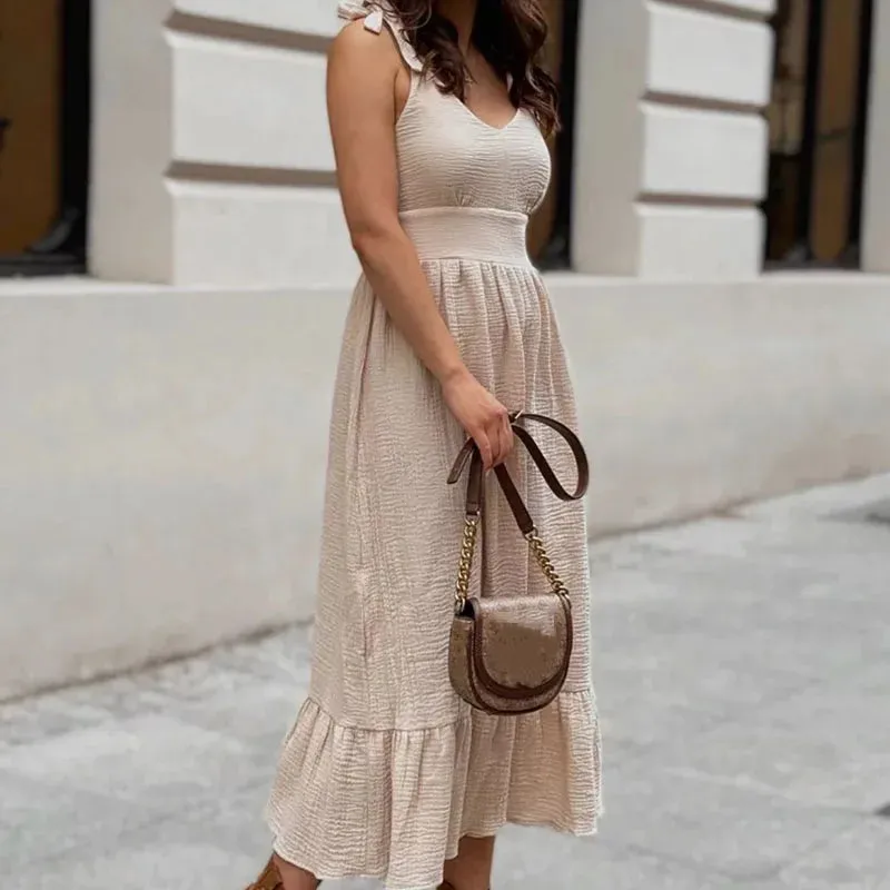 Hollow Pleated Long Casual Solid Swing Elegant High Waist Summer Sexy Dress