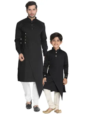 Jashvi Cotton Satin Blend Black and Cream Baap Beta Kurta Pyjama Set