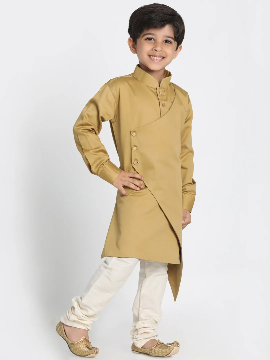 Jashvi Cotton Satin Blend Chiku and Cream Baap Beta Kurta Pyjama Set