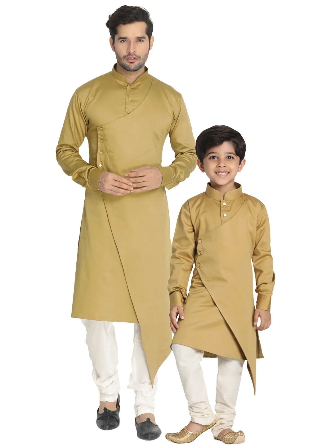 Jashvi Cotton Satin Blend Chiku and Cream Baap Beta Kurta Pyjama Set