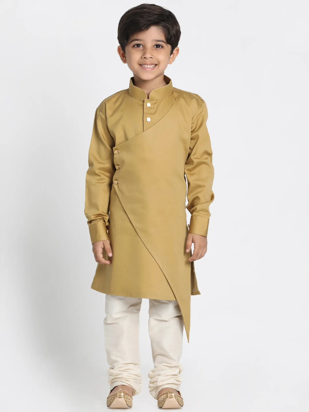 Jashvi Cotton Satin Blend Chiku and Cream Baap Beta Kurta Pyjama Set