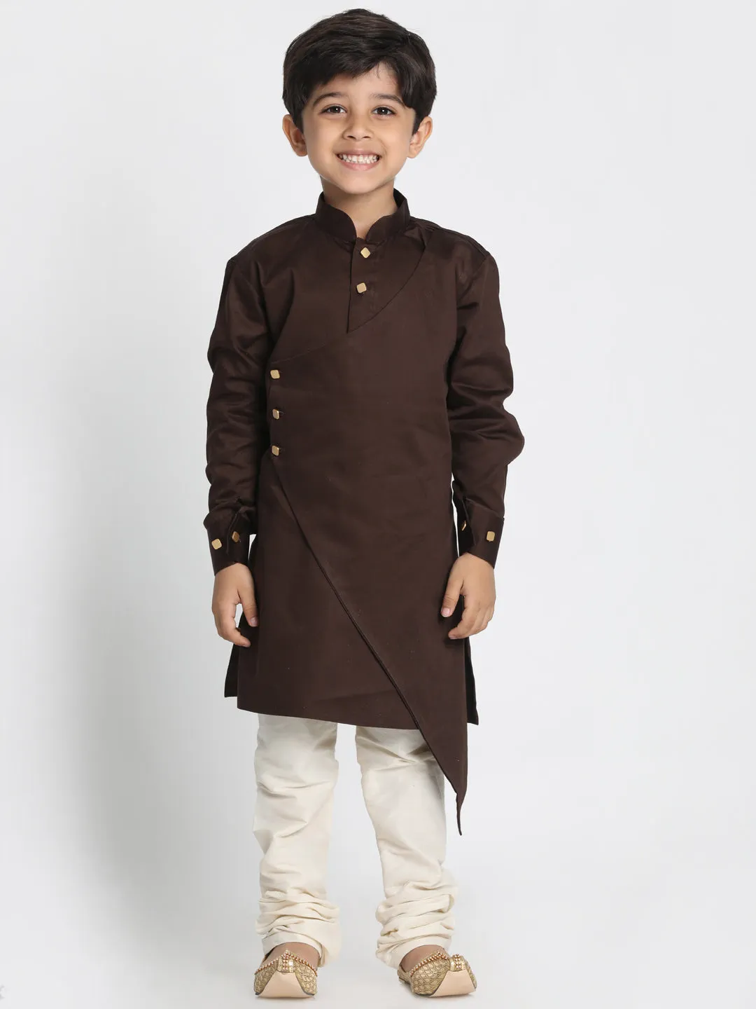 Jashvi Cotton Satin Blend Coffee Brown and Cream Baap Beta Kurta Pyjama Set