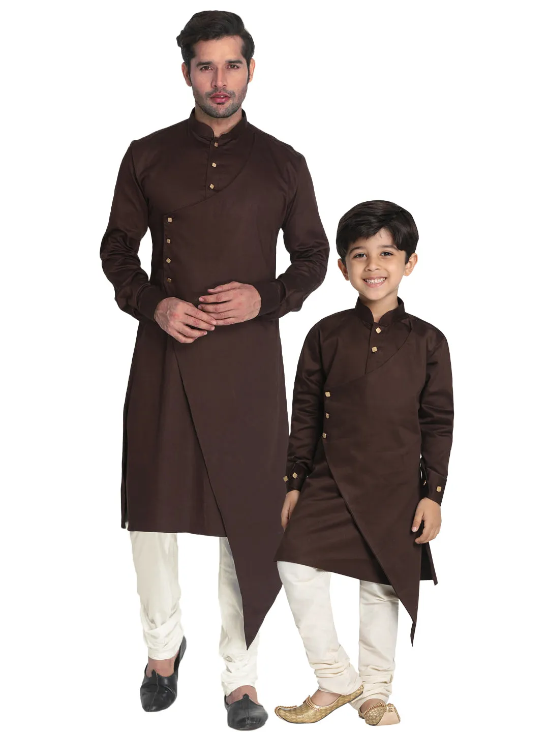 Jashvi Cotton Satin Blend Coffee Brown and Cream Baap Beta Kurta Pyjama Set