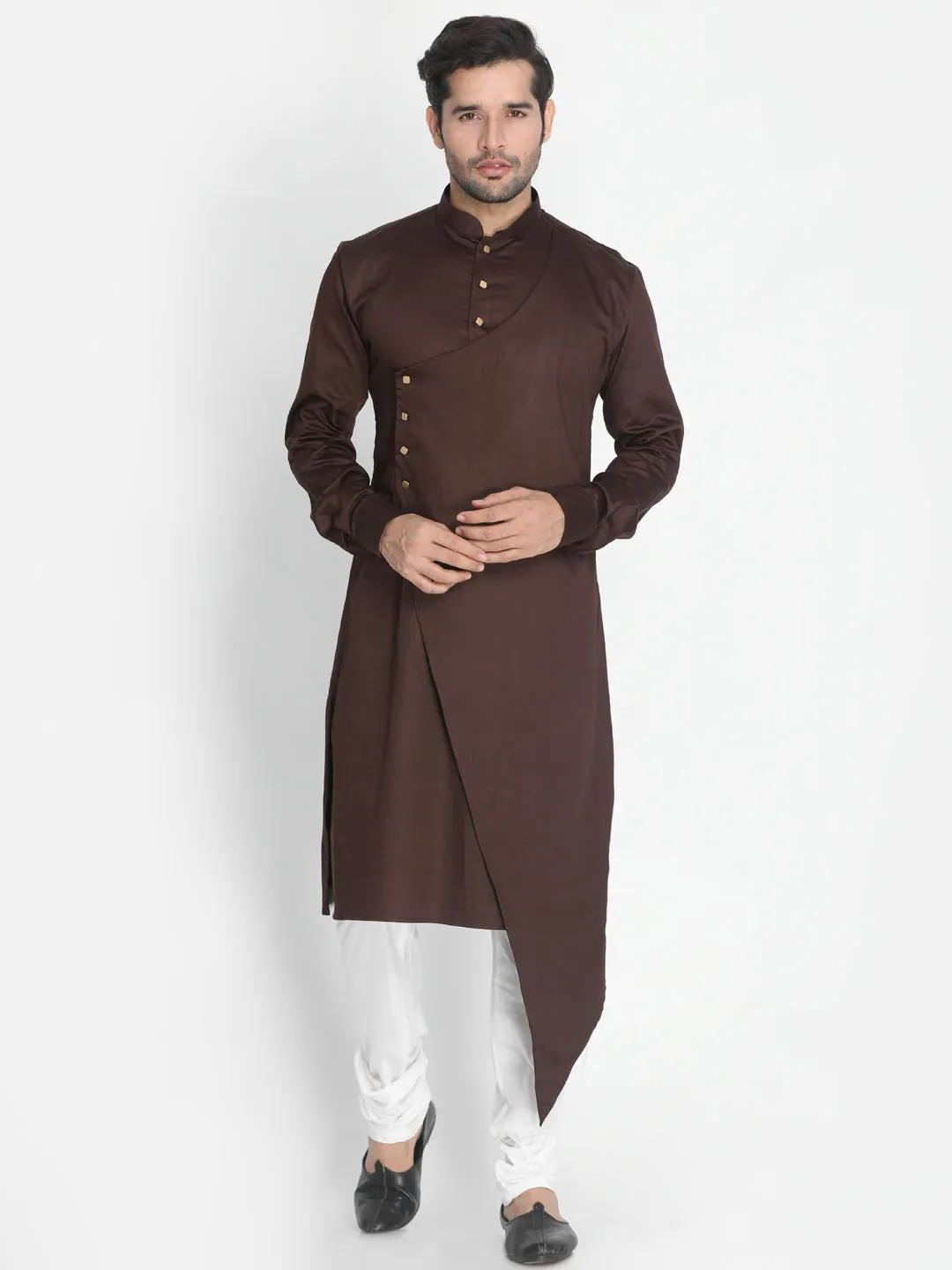 Jashvi Cotton Satin Blend Coffee Brown and Cream Baap Beta Kurta Pyjama Set