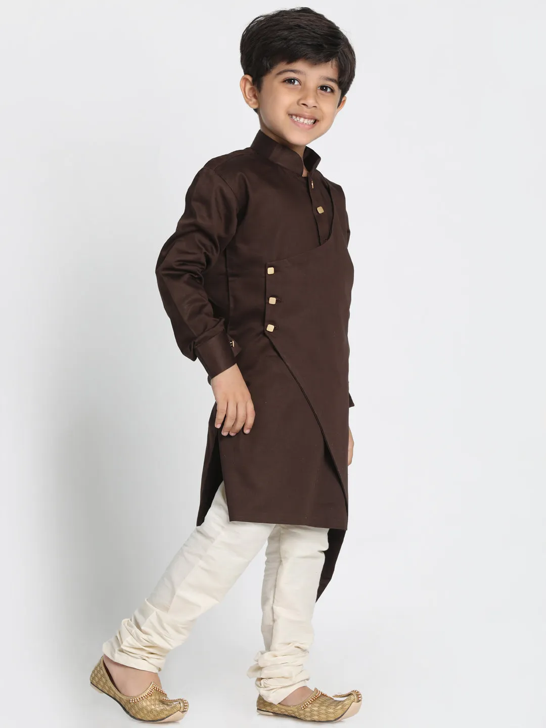 Jashvi Cotton Satin Blend Coffee Brown and Cream Baap Beta Kurta Pyjama Set