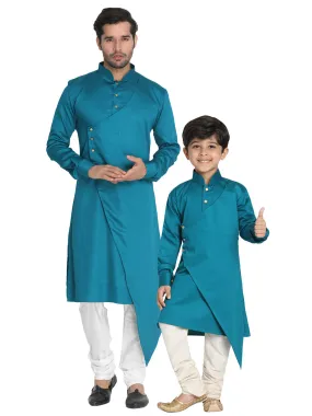 Jashvi Cotton Satin Blend Turquoise and Cream Baap Beta Kurta Pyjama Set