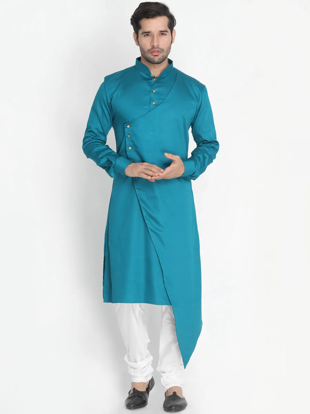 Jashvi Cotton Satin Blend Turquoise and Cream Baap Beta Kurta Pyjama Set