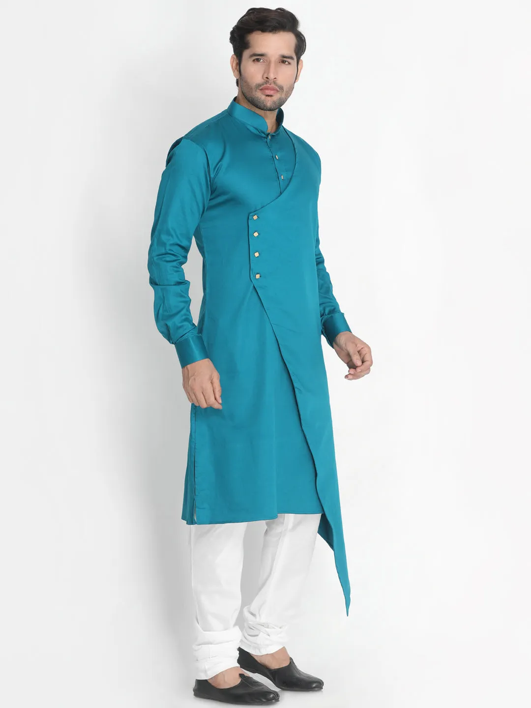 Jashvi Cotton Satin Blend Turquoise and Cream Baap Beta Kurta Pyjama Set