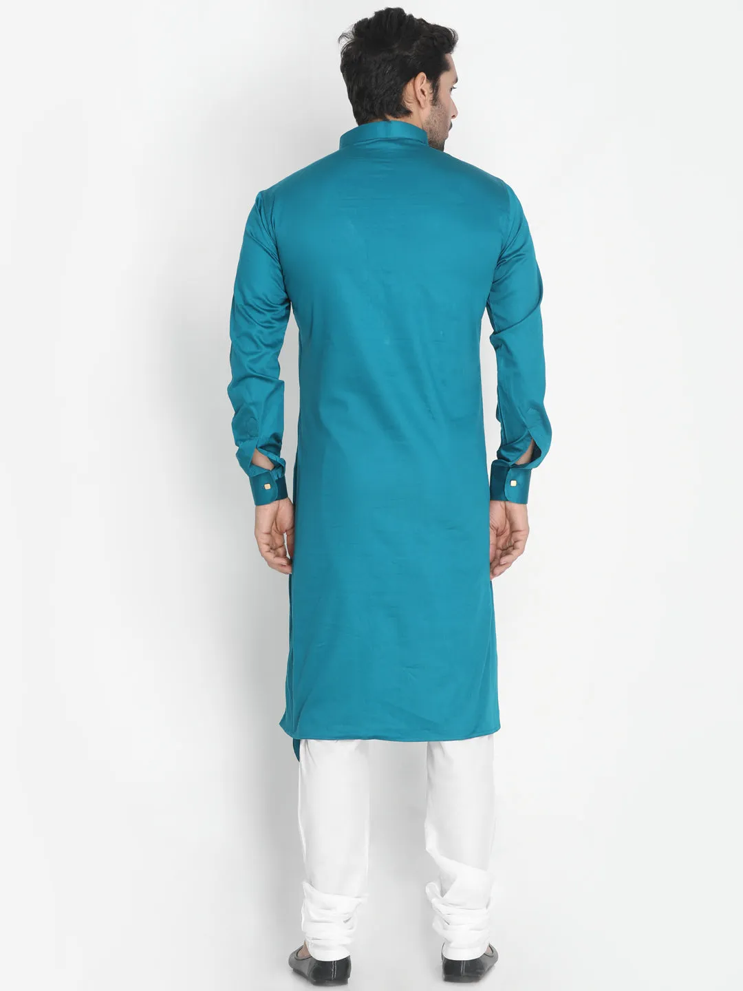 Jashvi Cotton Satin Blend Turquoise and Cream Baap Beta Kurta Pyjama Set