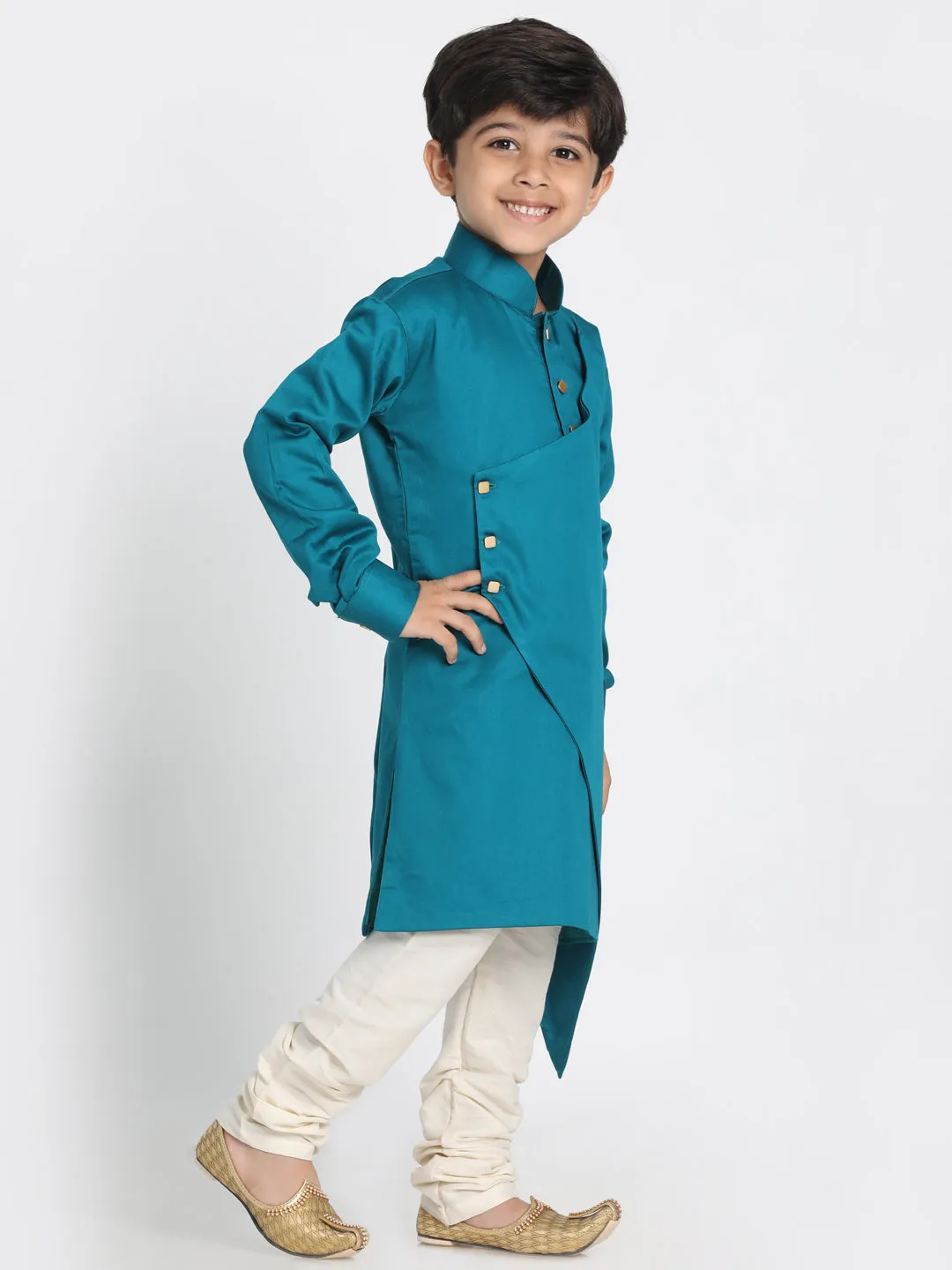 Jashvi Cotton Satin Blend Turquoise and Cream Baap Beta Kurta Pyjama Set