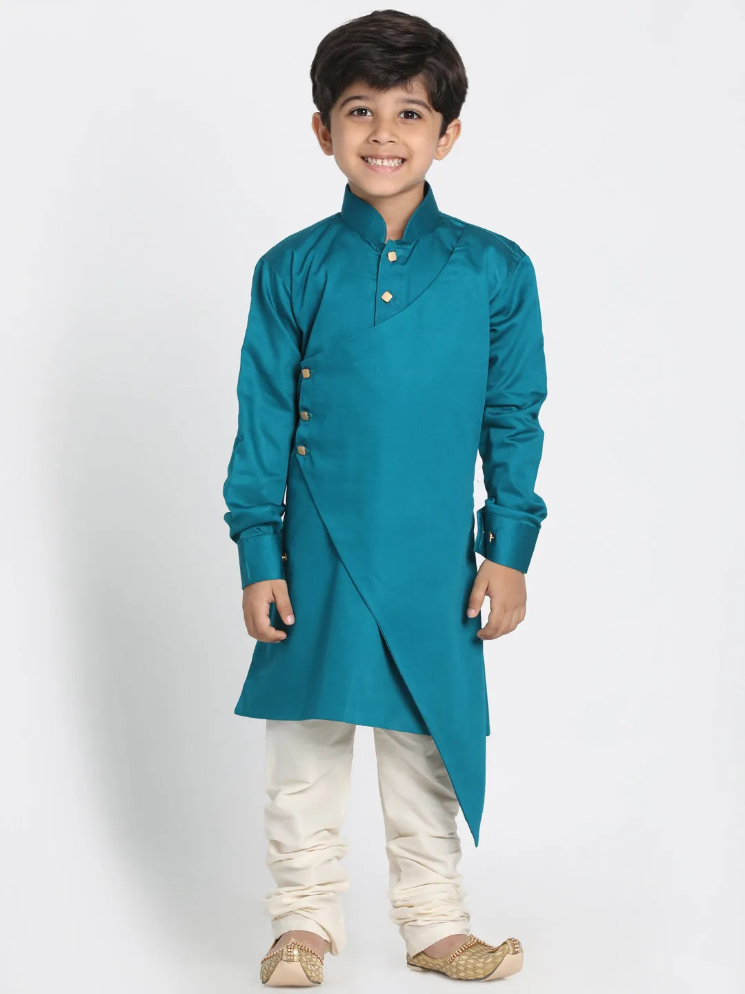 Jashvi Cotton Satin Blend Turquoise and Cream Baap Beta Kurta Pyjama Set