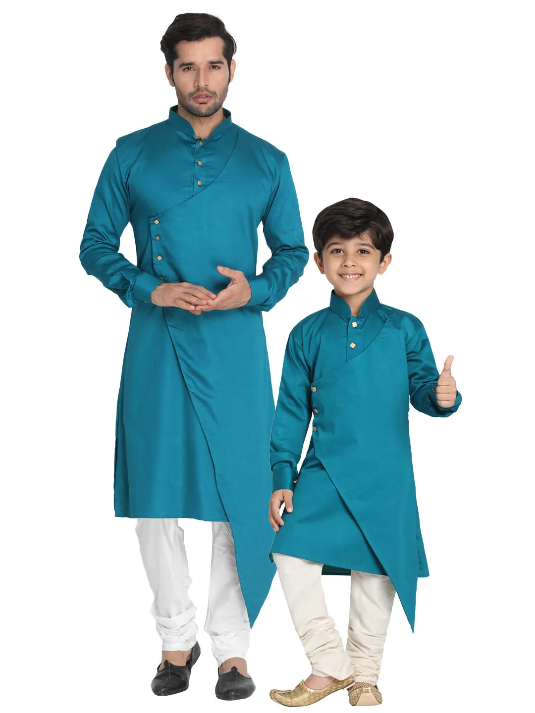 Jashvi Cotton Satin Blend Turquoise and Cream Baap Beta Kurta Pyjama Set