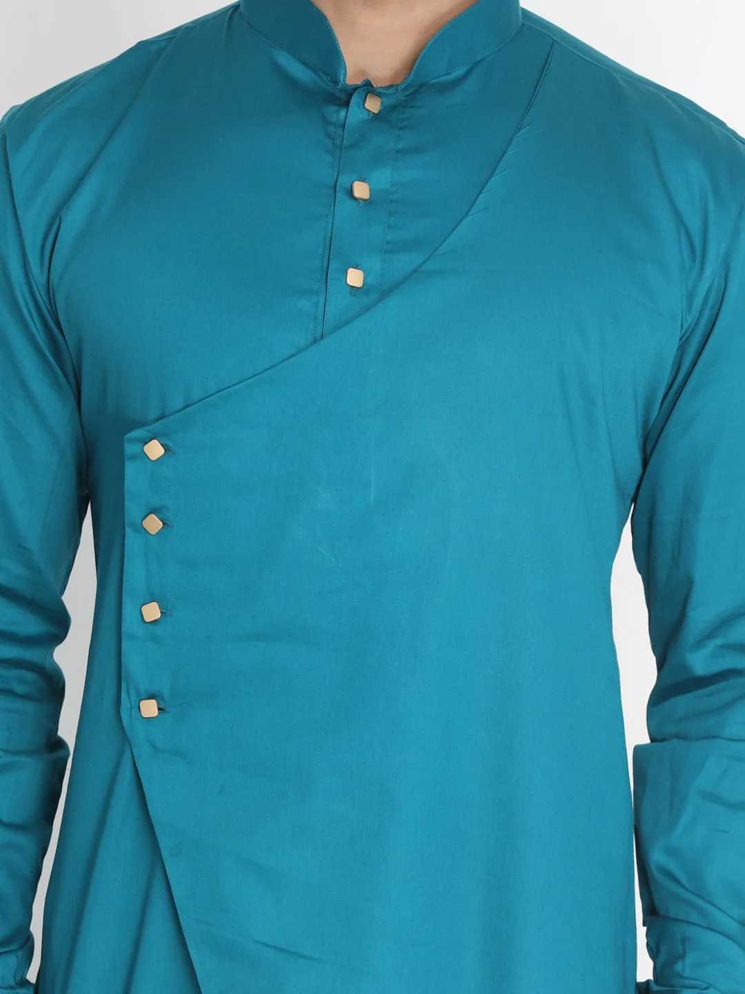 Jashvi Cotton Satin Blend Turquoise and Cream Baap Beta Kurta Pyjama Set