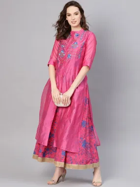 Jashvi Fuchsia Chanderi Ethnic Motif Printed Layered Maxi Dress With Thread Work Embroidery