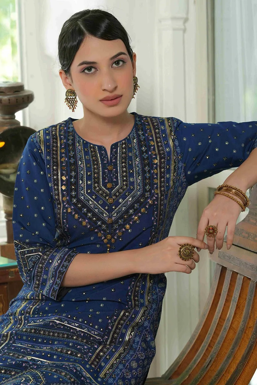 Jashvi Indigo Ethnic Motif Printed Chanderi Layered Dress With Zari Work Embroidery