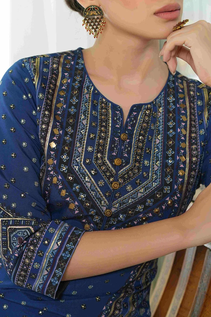 Jashvi Indigo Ethnic Motif Printed Chanderi Layered Dress With Zari Work Embroidery