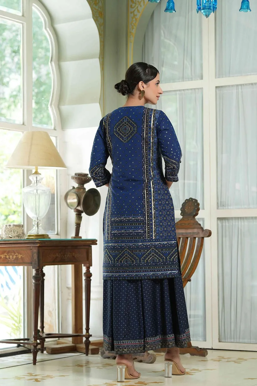 Jashvi Indigo Ethnic Motif Printed Chanderi Layered Dress With Zari Work Embroidery