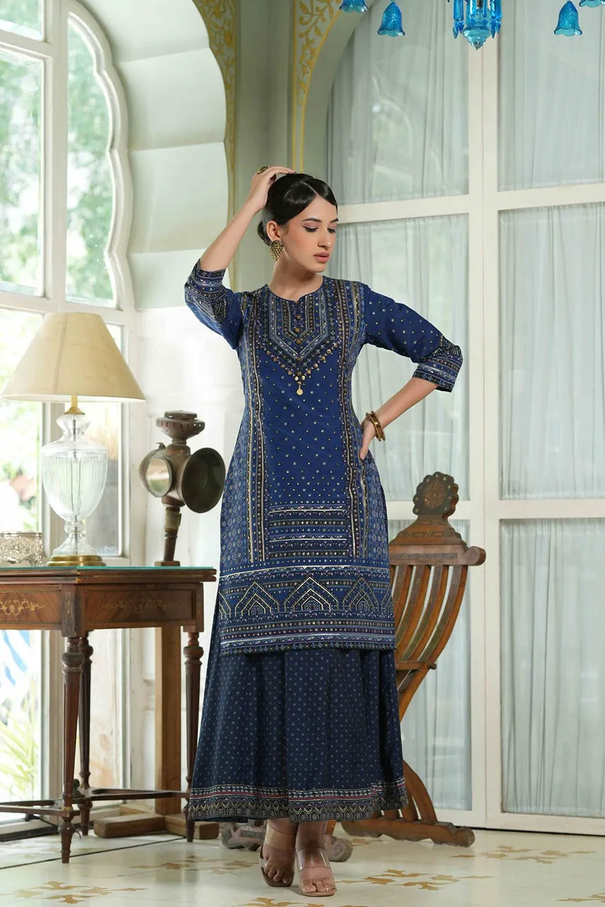 Jashvi Indigo Ethnic Motif Printed Chanderi Layered Dress With Zari Work Embroidery